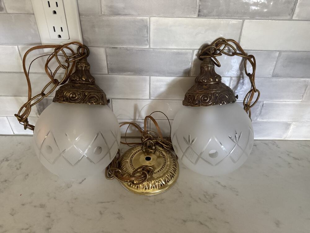 Double Swag Frosted Glass Light Fixtures Hollywood Regency MCM Vintage Light
